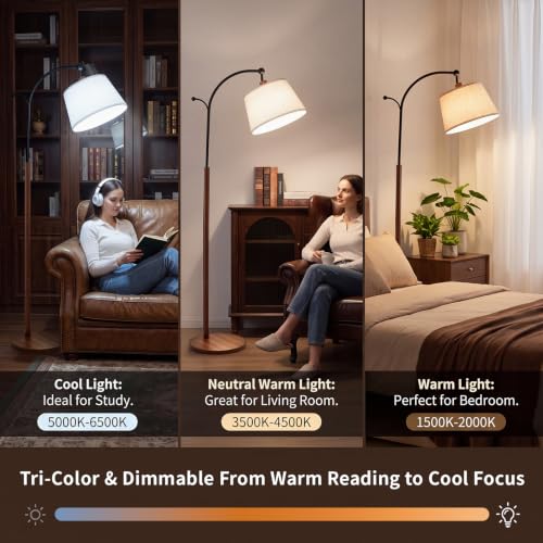 Floor Lamp, 9W 850lm Smart LED Arch Floor Lamp - Wood Grain Base - color: Wood Grain