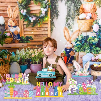 6 Pcs Easter Tabletop Decorations Easter Table Decor Tiered Tray Decorations Set Happy Bunny Egg Truck Wooden Signs Gnome Rustic Table Centerpiece for Home Spring Party - style: Bunny
