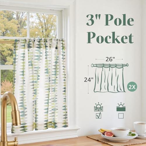 jinchan Sage Green Linen Kitchen Tier Curtains 24 Inch Modern Boho 2 Panels - color: Tribal | Sage Green on Linen, size: 26"W x 24"L (Pack of 2)