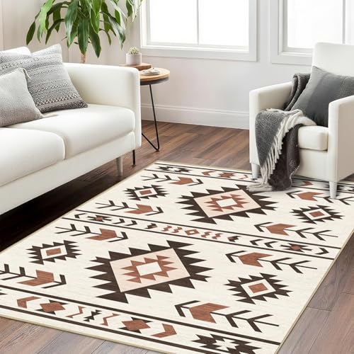 Western Area Rug 4x6 for Living Room, Southwestern Aztec Tribal Area Rugs Southwest Navajo Machine Washable Rug Non-Slip Printed Low-Pile Floor Carpet for Bedroom Dining Room Office, Brown - color: Western, size: 4'x6'