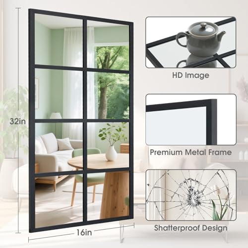 Window Pane Wall Mirror, 16x32 Inch Black Framed Mirrors - color: Claccic Black-rect, size: 32.5"L x 16"W
