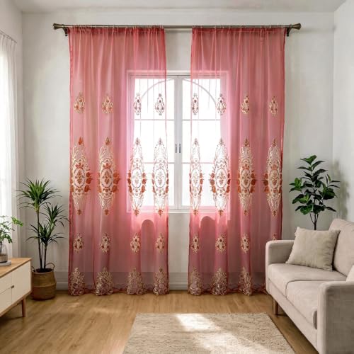 Amidoudou Rod Pocket Curtains European Luxury Sheer Embroidered Curtains for Living Room Bedroom (Red,52" W x 96" L (Pack of 2)) - color: Red, size: 52"W x 96"L (Pack of 2)