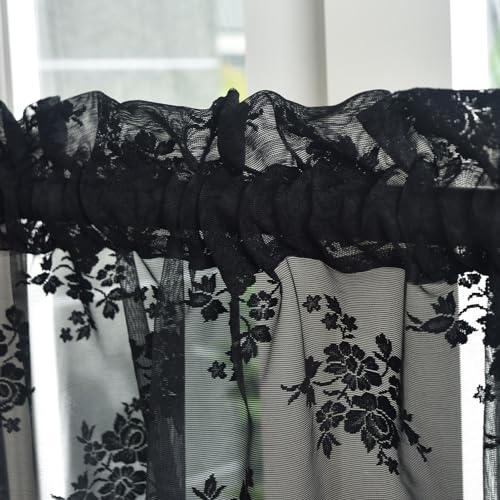 Kotile Black Lace Valance Curtain for Windows Floral W52xL18 Inch 1 Panel - color: Black