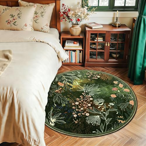 Yinhua Washable Round Rugs 4ft, Dark Green Botanical Area Rugs Non Slip - size: 4ft (Round)