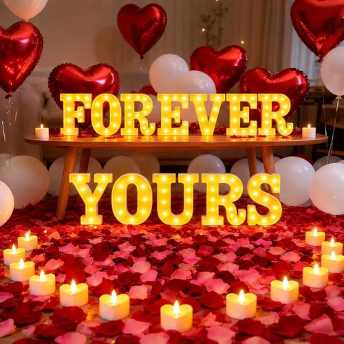 Forever Yours Light up Letters, Include Tea Lights Candles, Latex Balloons, Aluminum Balloons and Rose Petals, Special Festival, Surprise Gifts for Women and Men - color: FOREVER YOURS