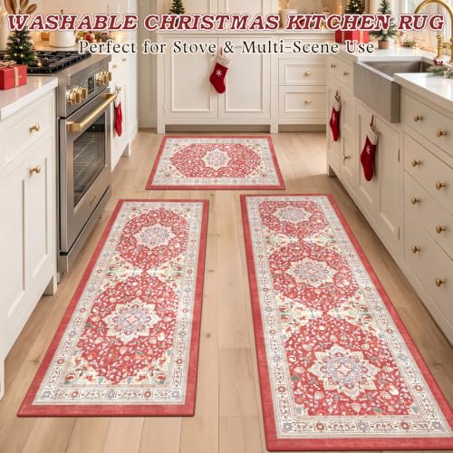 Red Christmas Kitchen Rugs Set of 3 Boho Washable Kitchen Floor Mats - color: Xmas Red, size: 20"x32"+20"x48"+20"x59"