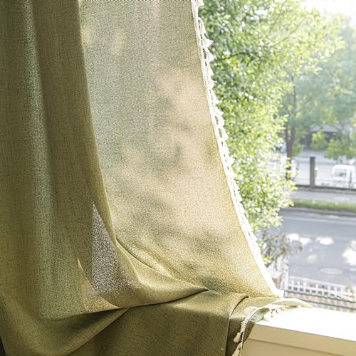 Sutuo Home Boho Curtains for Bedroom 84 Inches Long, Bohemian Linen Textured Curtains with Tassels, Semi Blackout Farmhouse Drapes, Rod Pocket Window Treatments 2 Panels, 52" x 84", Olive Green - color: Olive Green Linen, size: 52"W x 84"L (Pack of 2)