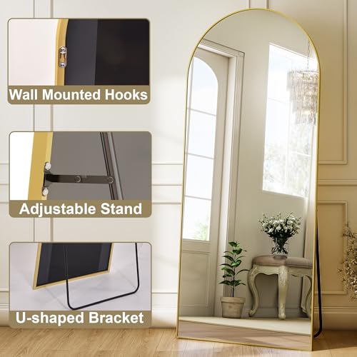 Matte Gold Arched 65"x24" Mirror Full Length Leaning Hanging - color: Gold, size: 65"L x 24"W