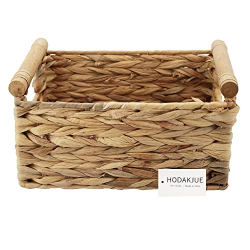 Natural Woven Water Hyacinth Storage Basket with Wood Handles, Large - color: Natural, size: 14.17x 10.23x 6.69