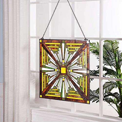 Bieye W10023 Mission Tiffany Style Stained Glass Window Panel with Chain, 24-inch Wide Square Shape, Brown