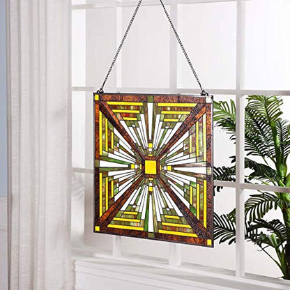 Bieye W10023 Mission Tiffany Style Stained Glass Window Panel with Chain, 24-inch Wide Square Shape, Brown