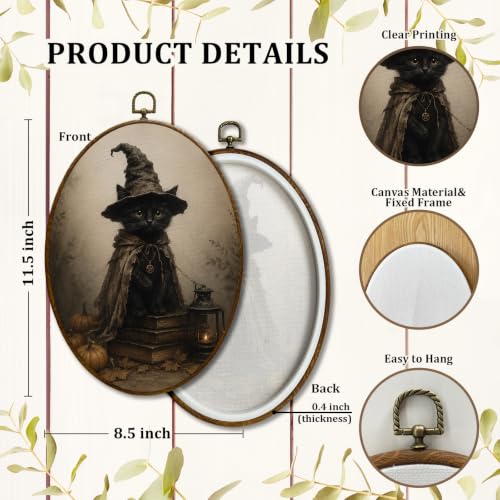 JQF Halloween Witchy Black Cat Oval Wall Decor Framed 8.5x11.5 Inch - color: fall cat-2