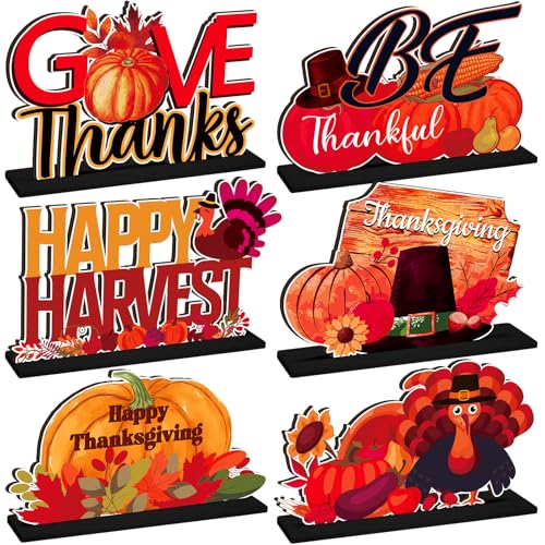 CroBlissful 6 Pcs Thanksgiving Wood Table Centerpiece, Turkey Pumpkin Decor - style: Thanksgiving