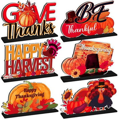 CroBlissful 6 Pcs Thanksgiving Wood Table Centerpiece, Turkey Pumpkin Decor - style: Thanksgiving