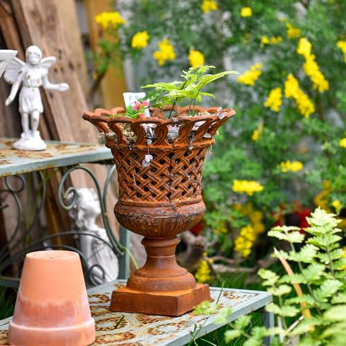Sungmor Cast Iron Rust Urn Planter - 10 Inches Hollow Trophy-Shaped Design - color: Rust Color - Urn