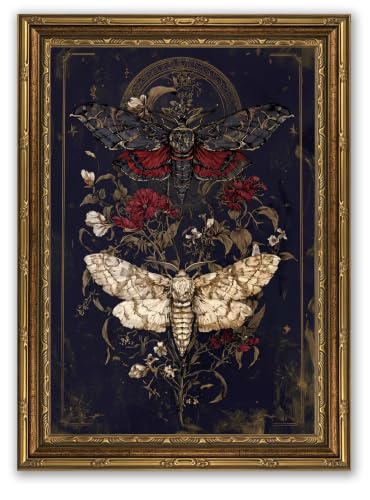 Gold Framed Vintage Dark Academia Butterflys Canvas Wall Art, Moody Moths Poster Print Artwork, Gothic Floral Botanical Insect Pattern Painting Picture Wall Decor, for Bedroom Home Decoration, 9x11in - color: Black White Butterflys, size: 11"L x 9"W