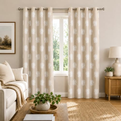 VOGOL Floral Embroidered Grommet Curtains, 52 x 96, 2 Panels, Beige - color: Beige, size: 52"W x 96"L (Pack of 2)