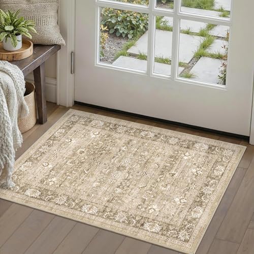 2x3 Washable Entryway Area Rug Non-Slip Distressed Khaki Door Mat - color: Accent | Beige Khaki, size: 2' x 3' (Rectangular)