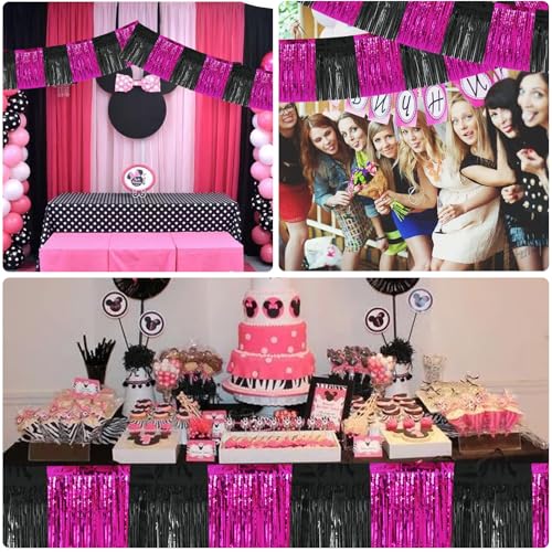 BEISHIDA Hot Pink Fringe Garland Banner 30ft Wall Tinsel Foil Streamers - color: Black Hot Pink