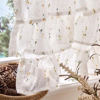 jinchan Mini Pom-Pom Ruffled Valance for Windows 18 Inch 1 Panel Green - color: Dottie Sunlit Grove
