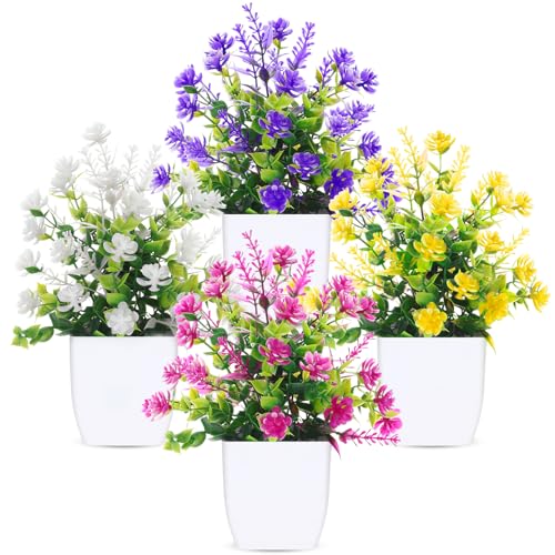 CEWOR Fake Flowers 4 Packs Faux Potted Flower Lavender with Eucalyptus Flowers Small Decorations for Spring Desk Bathroom Office Home Room Table Decor Indoor Outdoor - color: Mixed Lavender