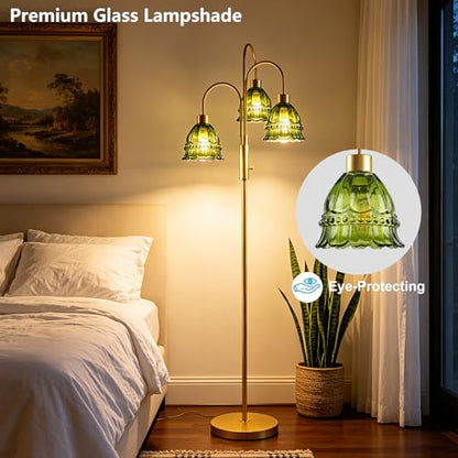 3-Light Glass Floor Lamp Green Shade 70" Gold Dimmable Tall Standing Lamp - color: Green Lace-Gold