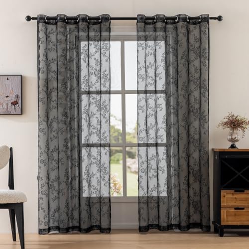 Anytime Black Lace Sheer Curtain Panels for Living Room Elegant Window Treatment Sets Light Filtering Translucent Draperies for Office (2 Panels,W55 x L72 inch) - color: Black, size: 55"W x 72"L (Pack of 2)