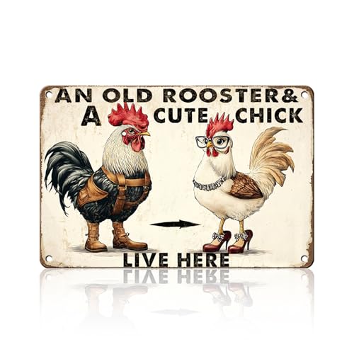 PEACHGARDEN Funny Chicken Metal Sign An Old Rooster A Cute Chick Live Here Vintage Tin Sign for Home Farm Chicken Coop Farmhouse Kicthen Garden Decor 8X12inch - color: Funny Chicken 5, size: 20X30cm(12*8in)