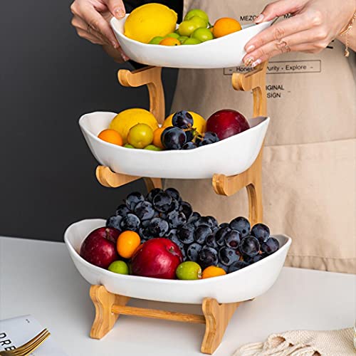 XUDREZ 3-Tier Ceramic Fruit Basket with Bamboo Tray, Large Capacity - color: porcelain