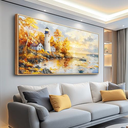 Ocean Beach Canvas Wall Art for Bedroom Lighthouse Seascape Painting 30x60 - color: Lighthouse Painting Wood Framed, size: 60"L x 30"W