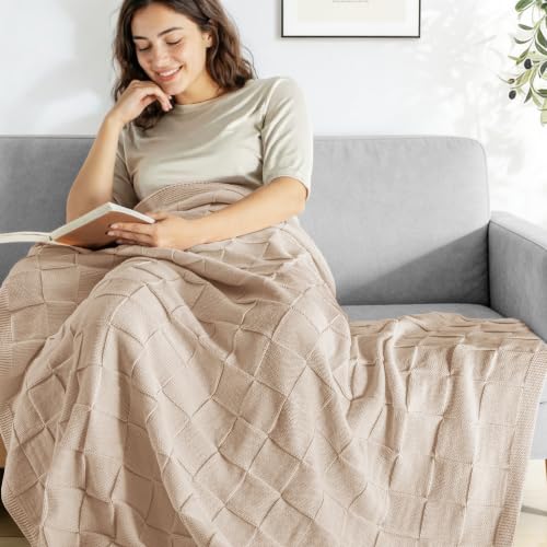 Whale Flotilla Checkered Knit Throw Blanket for Couch, Camel - color: Camel, size: 60x80 Inch
