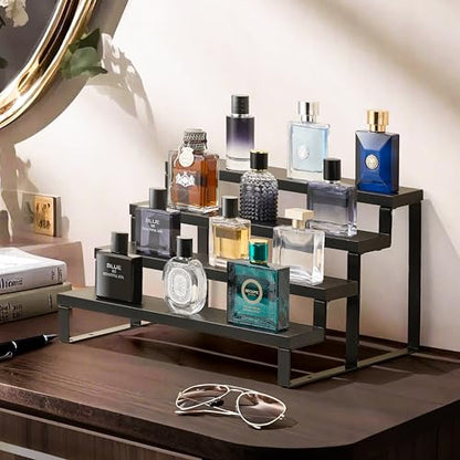 HomePekite Wooden Display Riser Stand, Tiered Perfume and Cologne Organizer Stand, 4 Tier Spice Rack Organizer, Rustic Display Shelf for Candles (4 Tier 2 Pcs), Black