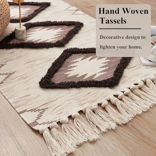 Boho Bathroom Rugs 2x3ft Farmhouse Bath Runner Rug, Small Tufted Cotton Accent Floor Mat with Tassels, Brown - color: Brown, size: 2' x 3' (Runner)