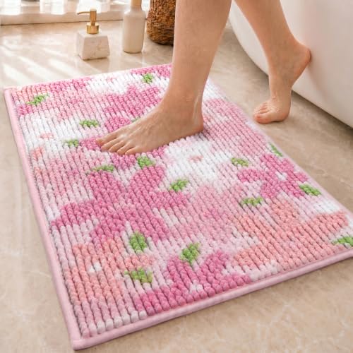 Miss Adola Soft Chenille Cute Bathroom Rug, Pink Floral, 16x24 Inch - color: Pink Floral, size: 1'4" x 2' (Rectangular)