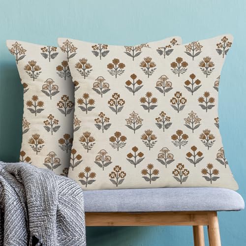 CXMEIFLY Brown Pillow Covers 18 x 18 Inch Set of 2 Boho Gray Grey Floral Outdoor Decor Throw Pillows Vintage Block Print Flower Seasonal Linen Farmhouse Decorative Pillowcases for Couch Sofa - color: Brown Grey Floral Boho, size: 18" x 18" (Pack of 2)