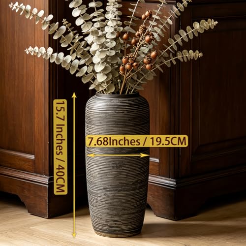 Brown Rustic Ceramic Floor Vase, 15.7 Inch, Ribbed Texture - size: 15.7 Inch