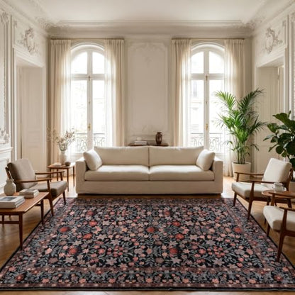 ThreadGlobe Patterned Washable 5x7 Area Rugs for Living Room, Black Brown - color: Black Brown Flower, size: 5' x 7'