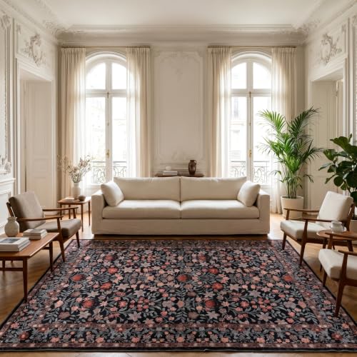 ThreadGlobe Patterned Washable 6x9 Area Rugs for Living Room, Black Brown - color: Black Brown Flower, size: 6' x 9'