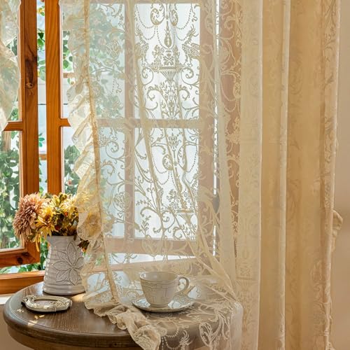 TUDECO Beige Lace Sheer Curtains 72 Inches Long, Ruffle Edges, 2 Panels - color: Beige, size: 59"W x 72"L (Pack of 2)