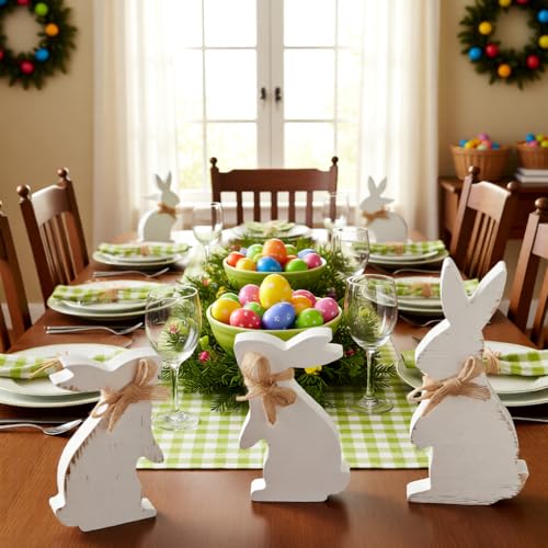 6 Pack Wooden Easter Bunny Decor, White Rabbit Table Centerpieces Farmhouse Easter Decorations for Home, Mantel, Tiered Tray, Shelf, Rustic Spring Bunny Figurines