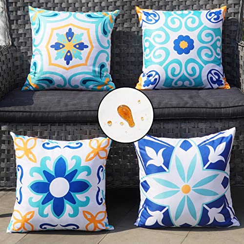 ONWAY Outdoor Boho Pillow Covers Waterproof 18x18 Set of 4 Floral Farmhouse Decorative Outdoor Throw Pillows for Bench Couch Patio Furniture Decorations - color: Blueyellow, size: 18" x 18" (Pack of 4)