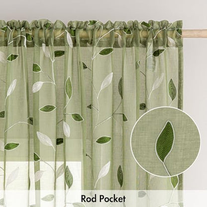 MIULEE Sage Green Sheer Curtains 2 Panels Leaf Patterned, W52 x L96 - color: Sage Green, size: 52"W x 96"L (Pack of 2)
