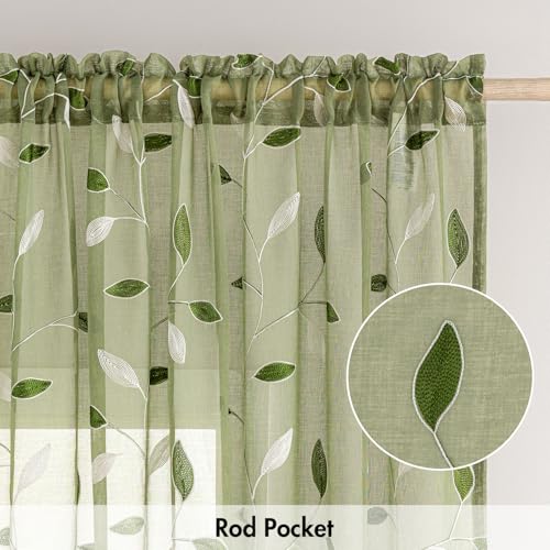 MIULEE Sage Green Sheer Curtains 2 Panels Leaf Patterned, W52 x L45 - color: Sage Green, size: 52"W x 45"L (Pack of 2)