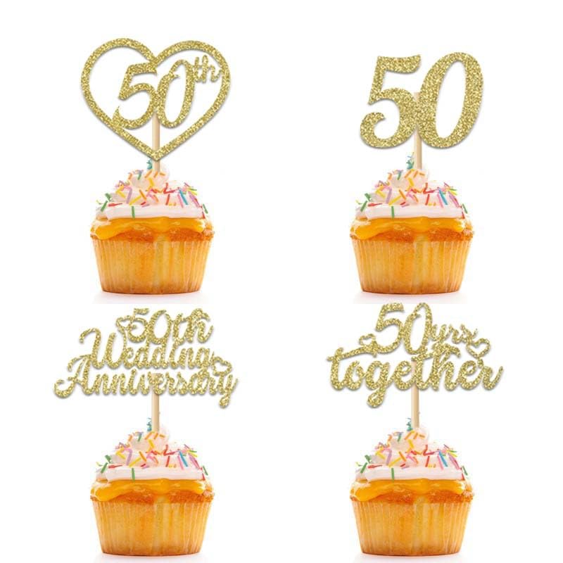 24Pcs 50th Wedding Anniversary Cupcake Toppers Gold Glitter Party Supplies