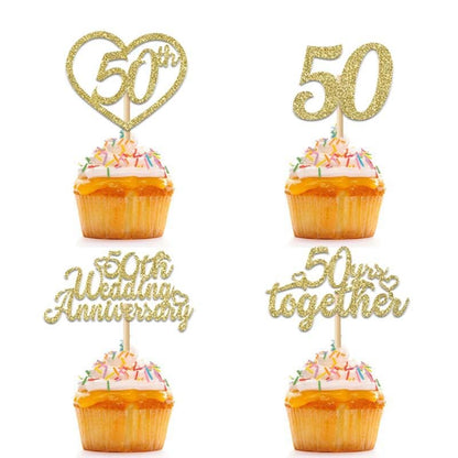 24Pcs 50th Wedding Anniversary Cupcake Toppers Gold Glitter Party Supplies