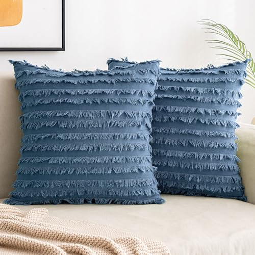 MIULEE Boho Linen Striped Throw Pillow Covers 18x18, Dark Blue - color: Dark Blue, size: 18" x 18" (Pack of 2)