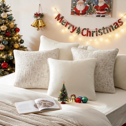 a moment Beige 4 Pack Throw Pillow Covers - Chenille & Velvet Set with Piping, Farmhouse Textured Design Cushion Cases for Couch Sofa Bed (20x20 Inch, No Insert) - color: Beige, size: 20" x 20" (Pack of 4)