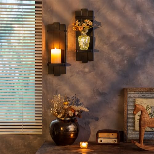 Black Wood Wall Candle Holder Set of 2 - color: Black, size: 15.7in x 5.1in