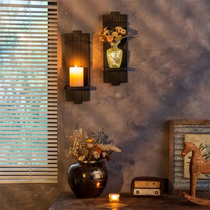 Black Wood Wall Candle Holder Set of 2 - color: Black, size: 15.7in x 5.1in