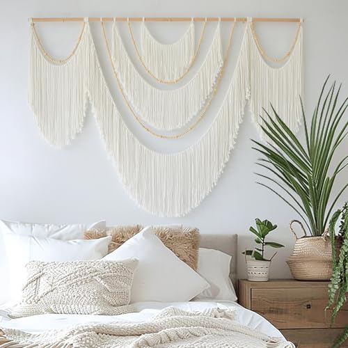 Macrame Wall Hanging Boho Yarn Art Tassel Beaded Handmade Decor 57"W*41"L - color: White